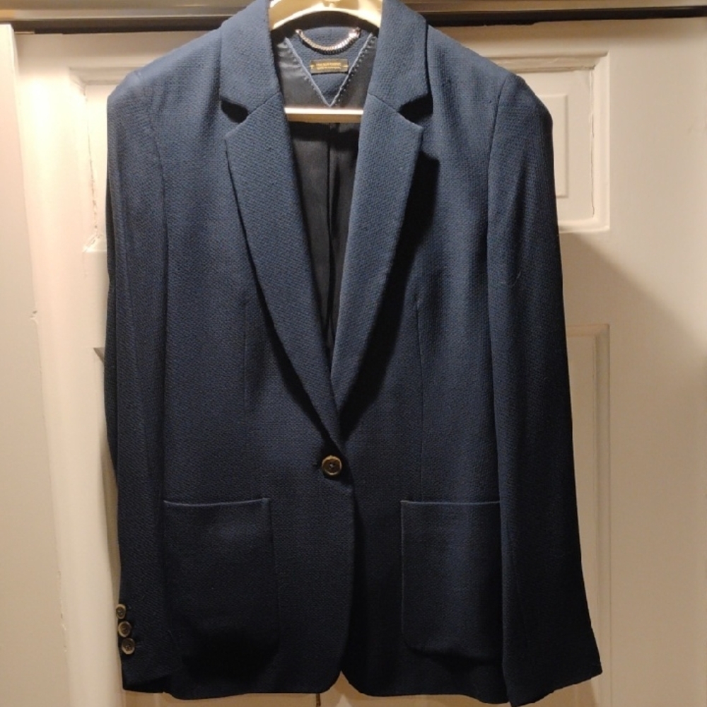 Massimo Dutti Navy Single-Button Textured Blazer Patch Pockets 4